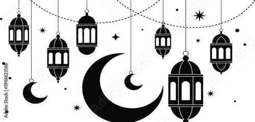 Black Islamic lanterns crescent moon and stars on white background Ramadan