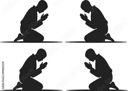 Four black silhouette figures kneeling with hands pressed together in prayer or meditation