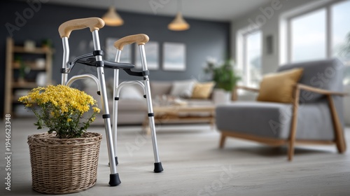  Close-up of crutches resting in a cozy home interior, symbolizing mobility aid and comfort.
