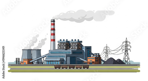 Detailed Illustration of a Coal-Fired Power Plant with Smoke.