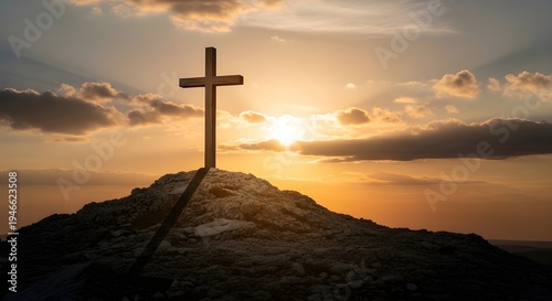 Good friday reflection a symbolic cross on a hill at sunset