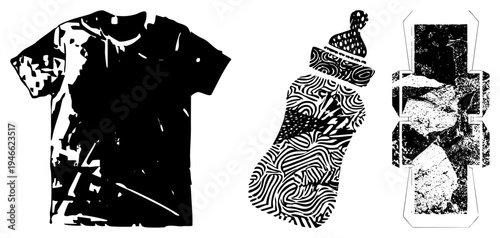 Vector art featuring stylized t shirt, baby bottle, and hourglass with bold black and white, graphic design elements, isolated foreground objects.