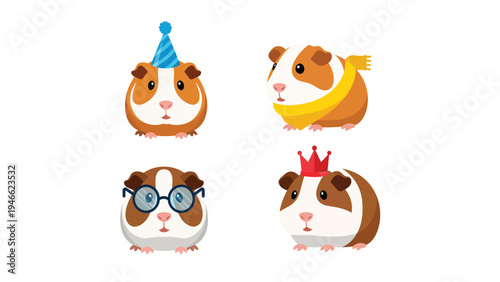 Adorable Cartoon Guinea Pigs with Accessories. Set of Cute Pets in Party Hat, Scarf, Glasses, and Crown