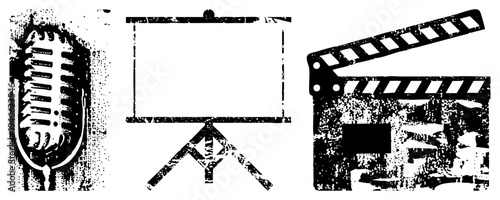 Retro microphone, projector screen, and clapperboard symbols, distressed texture,, production tools, creative equipment.