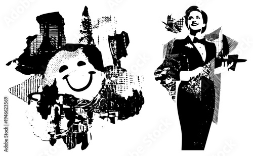 Retro halftone illustration of cheerful and formal waitress, stylized graphic design, vintage print art, black and white vector, mid century aesthetic.