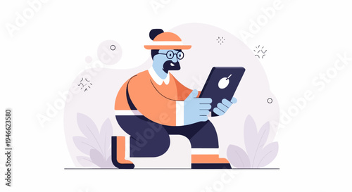 A stylized farmer with glasses and hat looks at a tablet device