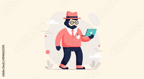 A stylized figure in a hat and glasses holds a laptop