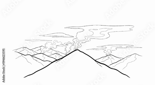 A stylized drawing of a volcanic eruption with smoke billowing into the sky