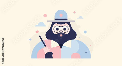 A stylized figure wearing a hat, glasses, and beard, holding a stick