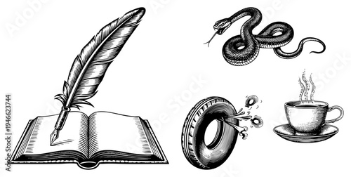 Classic black and white vector quill pen in book, serpent, tire burst, coffee cup. Vintage engraved style, symbolic, isolated graphic elements.