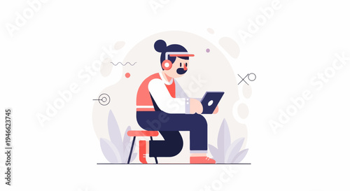 A stylized figure wearing headphones sits on a stool, using a tablet