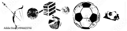 Retro sports symbols rendered in halftone, including bow and arrow, stacked blocks, distressed circles, classic soccer ball, and fragmented ball all with gritty texture and vector design.