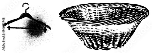 Handcrafted wicker basket with intricate weave, wooden coat hanger with hook, vintage textile design, flat vector art, home decor elements, rustic storage container.