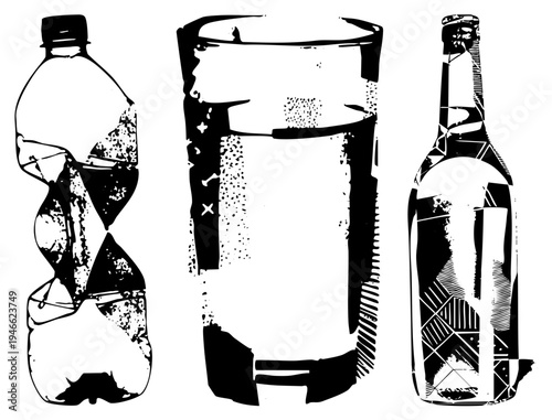 Graphic representation of plastic bottle, glass tumbler, and wine bottle with halftone textures, isolated vector art, minimalist design, aesthetic.