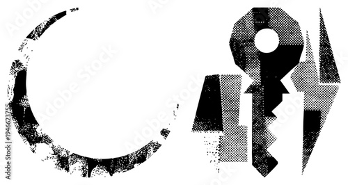 Fragmented circular form and stylized key like figure, halftone dot, graphic design elements, vector art, composition.