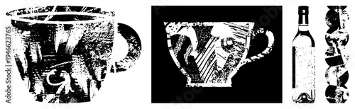 Stylized ceramic mug, wine bottle, and vase rendered in halftone, textured vector art, graphic design, isolated beverage containers.