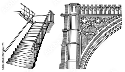 Detailed architectural elements ornate Gothic arch with and modern staircase with handrails, rendered in black and white art, ideal for design projects or historical references.