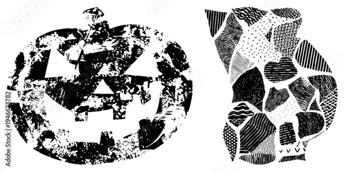 Stylized jack o lantern and ghost with fragmented halftone, vector art, black and white, spooky design, graphic illustration, Halloween decor, isolated elements.