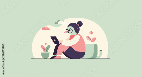 A stylized figure with glasses sits outdoors with a tablet and potted plants