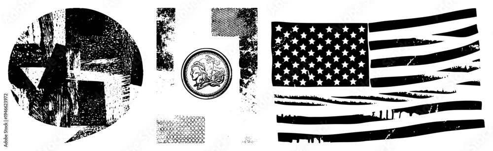 Obraz premium Distressed American flag with stars and stripes, Liberty Head coin, halftone texture, retro graphic design,, vector illustration.