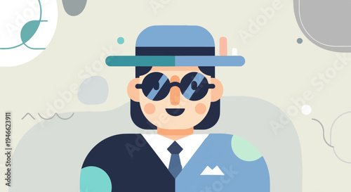 A stylized, geometric portrait of a person wearing a hat and sunglasses