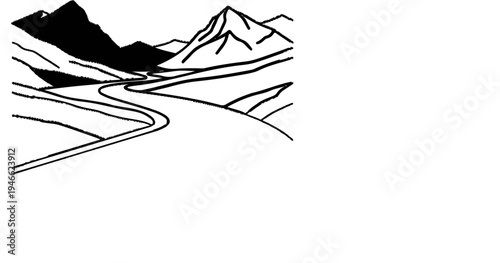 A stylized black and white sketch depicts a winding river flowing through a mountainous landscape