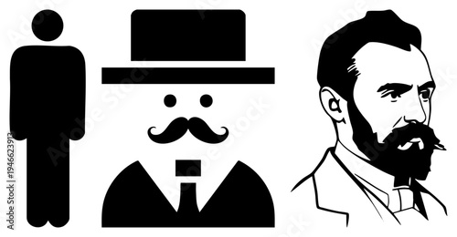 Male figure from minimalist silhouette to stylized mustache man to detailed historical portrait, black vector graphics, illustration.