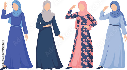 Four women wearing hijabs and modest dresses in various colors and patterns woman