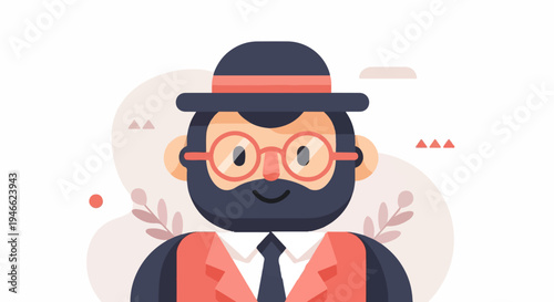 A stylized illustration of a bearded man wearing a hat and glasses