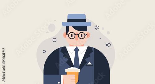 A stylized gentleman in a hat and suit holds a foamy drink