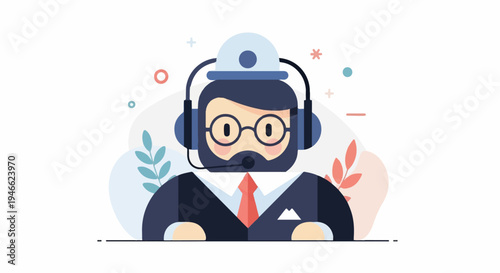 A stylized illustration of a bearded person wearing a headset and glasses, in a suit