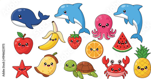 Cute Kawaii Sea Creatures and Tropical Fruit Vector Set Featuring Dolphin Whale Turtle Crab Octopus Apple Banana Strawberry Watermelon Pineapple Isolated on White (25 words)