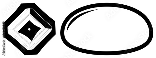 Stylized vector forms including hexagonal frame with nested squares and curved oval, minimalist graphic elements, flat design with clean.