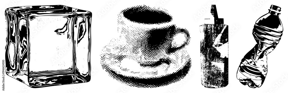 Obraz premium Black and white halftone vector illustrations of ice cube, coffee cup, soda bottle, and water bottle. Stylish graphic design elements for beverage themes, isolated objects, textured shading.