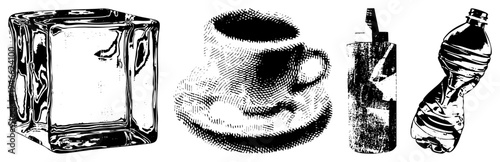 Black and white halftone vector illustrations of ice cube, coffee cup, soda bottle, and water bottle. Stylish graphic design elements for beverage themes, isolated objects, textured shading.
