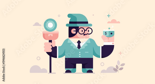 A stylized businessman holds a money cup and a circular object