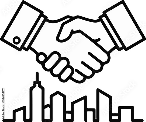 A stylized line art illustration of two hands shaking above a city skyline