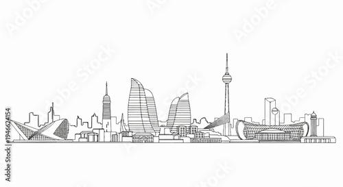 A stylized line drawing showcases a modern city skyline with unique architectural structures