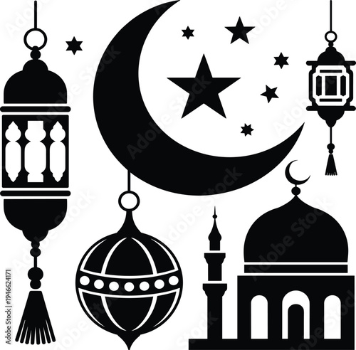 Black Islamic crescent moon stars lanterns and mosque silhouette ramadan