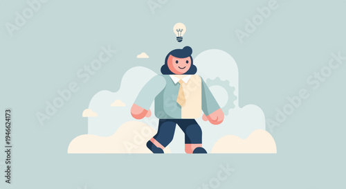 A smiling person in business attire has a bright idea symbolized by a light bulb