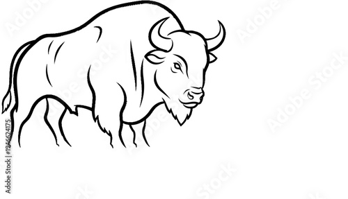 A stylized black and white outline drawing of a bison walking
