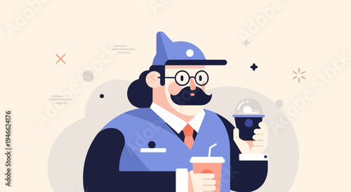 A stylized man with a mustache and glasses holds two drinks