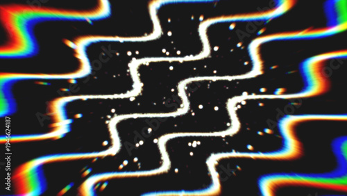 Dark background with sinuous rainbow color bands and glowing white undulating paths speckled with light.