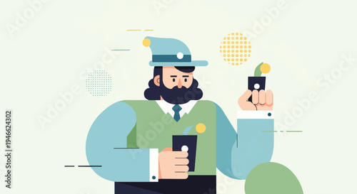 A stylized man with a hat and beard holds two objects