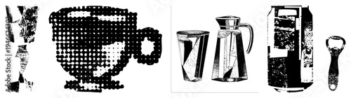 Retro halftone print of glassware, pitcher, soda can, bottle opener, dotted texture,, stylized drinkware, isolated vector elements.