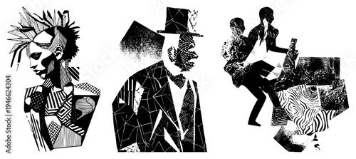 Fragmented human portraits with angular, graphic art, stylized busts, illustration, geometric decomposition, modern vector design.