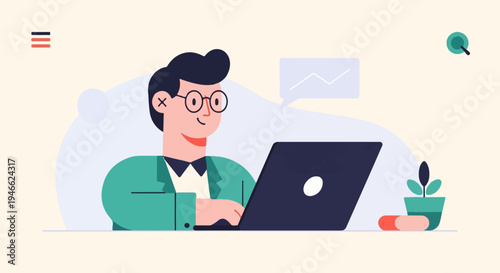 A smiling person in glasses works on a laptop near a plant and pills