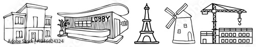 Building sketches including house, lobby, Tower, windmill, and construction crane, minimalist drawings, architectural symbols, urban and rural landmarks.