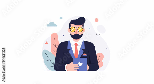 A stylized businessman with glasses and a beard holds a tablet in front of abstract plants