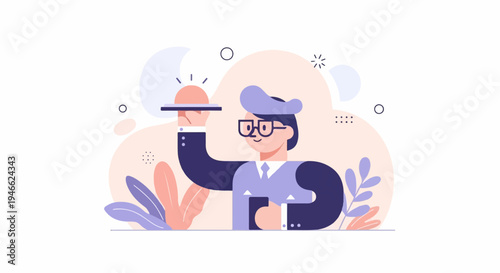 A smiling person in uniform holds a tray with a covered dish